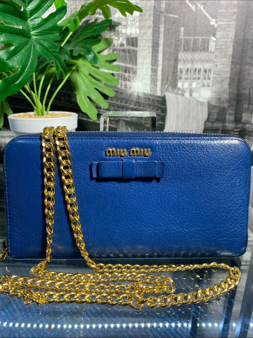 Authentic MIU MIU 💙 Bow Blue Leather Long Wallet in rich royal blue leather